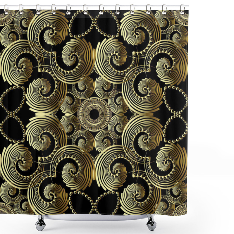 Personality  Geometric Gold 3d Swirls Greek Key Meander Vector Seamless Pattern. Ornamental Abstract Ornate Background. Geometry Radial Shapes, Circles, Lines, Stripes, Dots. Modern Decorative Design Shower Curtains