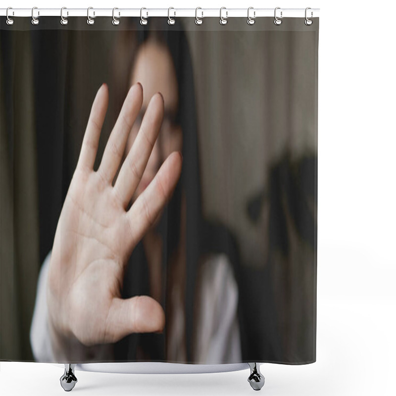 Personality  Woman With Her Hand Extended Signaling To Stop Shower Curtains