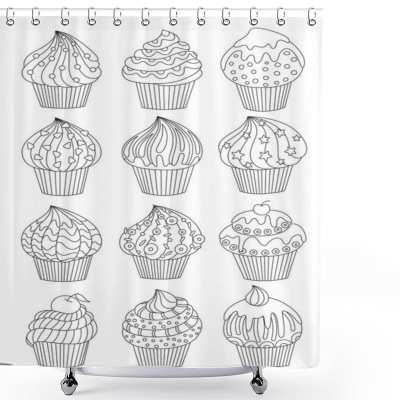 Personality  Cup Cake Set, Decorated Cupcakes With Hearts Stars And Birthday Candle, Page For Adult Colouring Book Shower Curtains