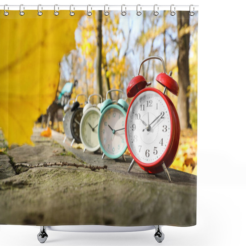 Personality  Alarm Clocks On Paved Pathway In Park At Autumn Shower Curtains