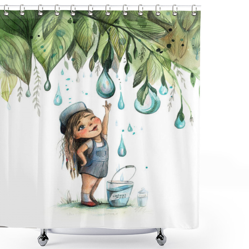 Personality  Watercolor Illustration Of A Girl In A Tropical Forest. A Cute Little Girl In A Blue Jumpsuit Admires The Dew Drops.Thumbelina. Girl And Plants. Explore The World Shower Curtains