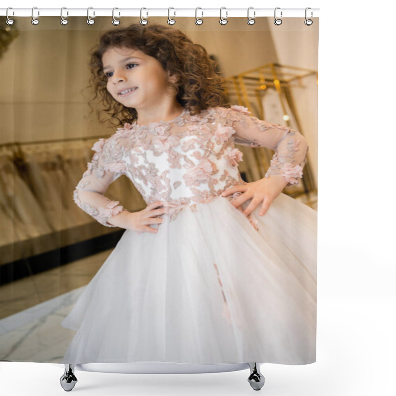 Personality  Joyous Middle Eastern Kid In Floral Dress With Tulle Skirt Standing With Hands On Hips And Looking Away In Bridal Boutique, Preparation For Wedding, Blurred Background, Low Angle, Flower Girl Shower Curtains