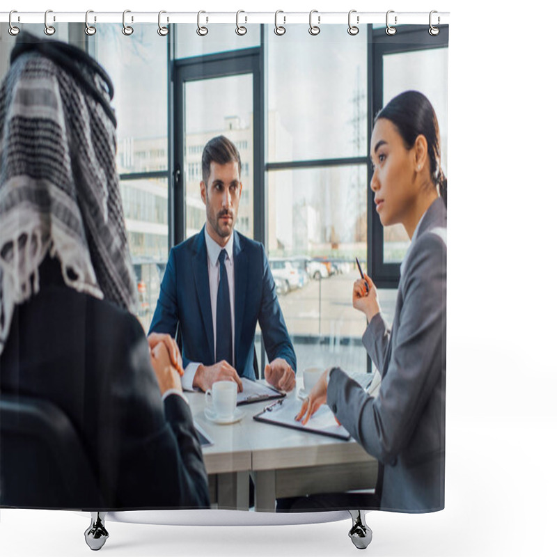 Personality  Multicultural Business Partners Talking On Meeting With Translator In Office Shower Curtains