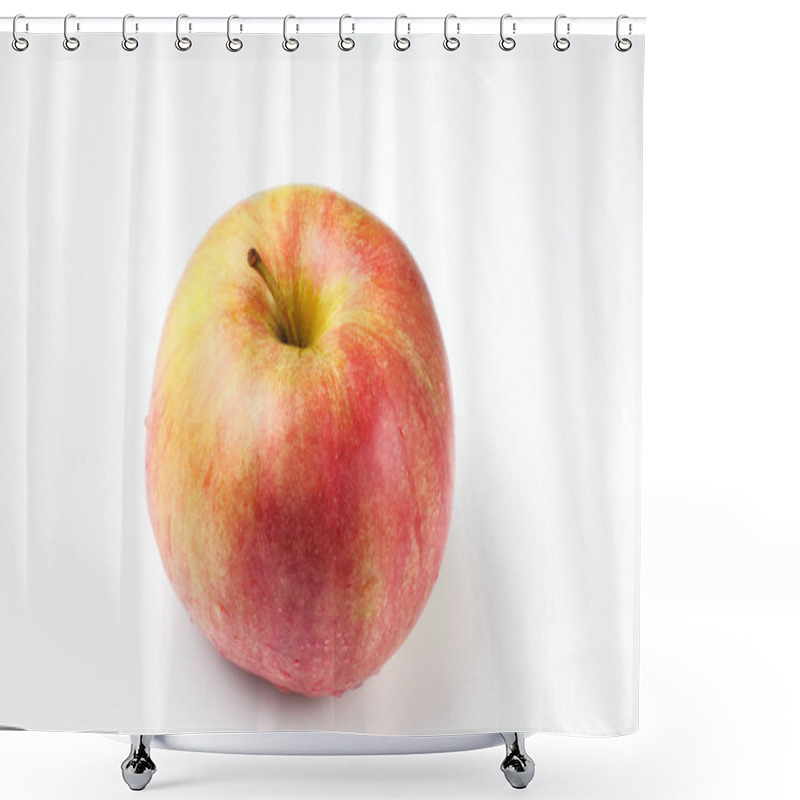 Personality  Fresh Bright Yellow-red Apple With Small Droplets Of Water On A White Background, High Contrast. Shower Curtains