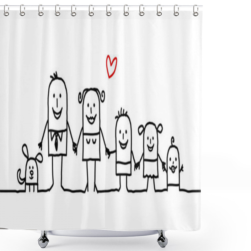 Personality  Cartoon Family - Parents, Children And Dog Shower Curtains