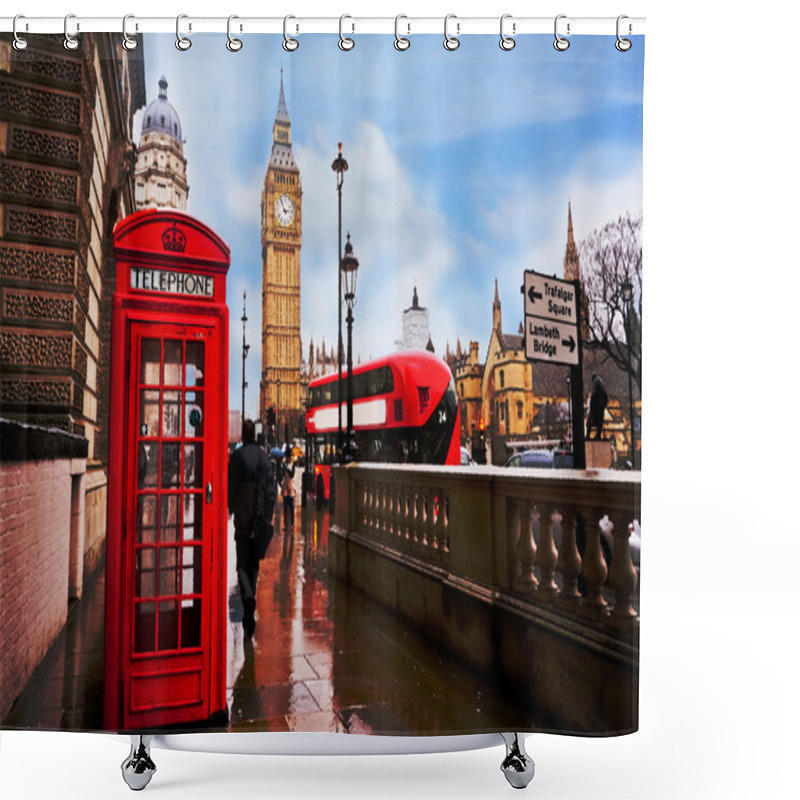 Personality  Traditional Red Telephone Box In The Blue Sky After Raining Day With The Big Ben And Red Bus In The Background Shower Curtains