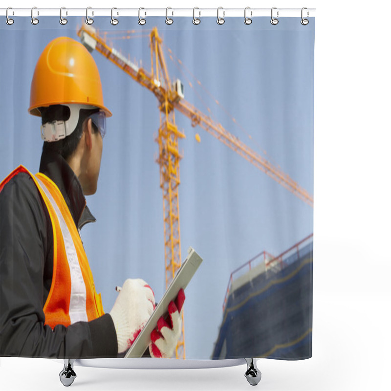 Personality  Construction Worker With Crane In Background Shower Curtains