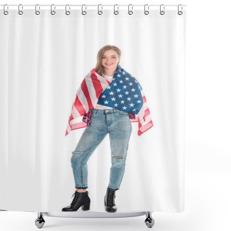 Personality  Young Woman With American Flag Shower Curtains