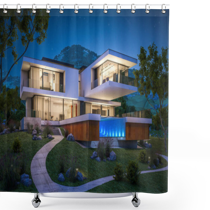 Personality  3d Rendering Of Modern House By The River At Night Shower Curtains