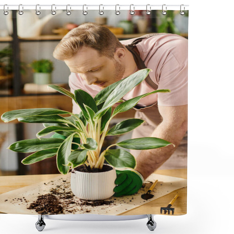 Personality  A Handsome Man In A Pink Shirt Is Focused On Admiring A Potted Plant In A Small Plant Shop, Showcasing The Own Business Concept. Shower Curtains