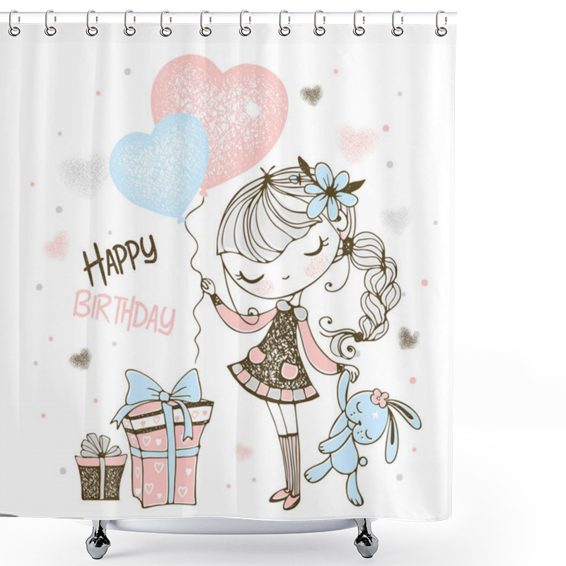 Personality  Happy Birthday. Cute Girl With Balloons, Gifts And Toy Bunny. Vector. Shower Curtains