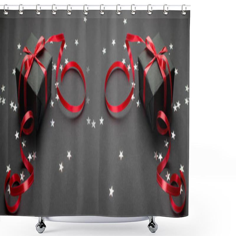 Personality  Xmas Background. Red Christmas Gifts, Ornaments On Dark Backgrou Shower Curtains