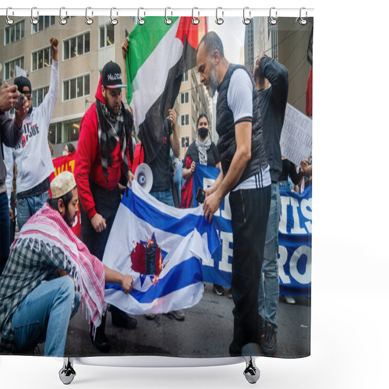 Personality  NEW YORK, UNITED STATES - May 15, 2021: Pro-Palestine, Anti-Israel Protesters Hold A Rally In New York City During Fighting Between Israel And Hamas In The Gaza Strip Shower Curtains