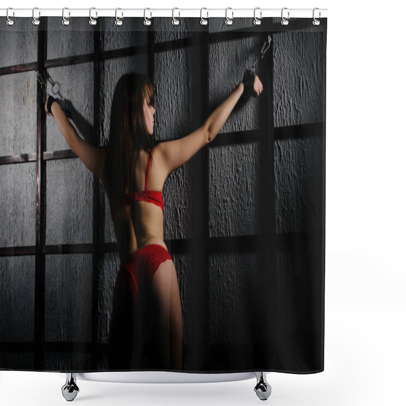 Personality  BDSM Outfit For Adult Sex Games. A Young Woman Chained To The Bars With Handcuffs With Bondage Awaiting Punishment. Shower Curtains