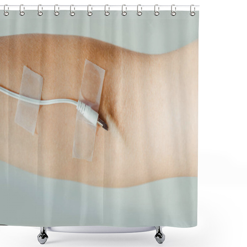 Personality  Close Up Of Female Hand With Attached White Cable  Like Medical IV Infusion Isolated On Grey, Music Concept  Shower Curtains