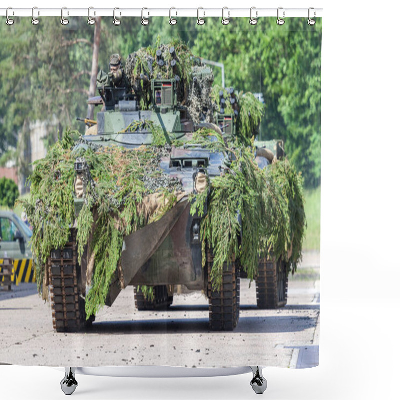 Personality  AUGUSTDORF / GERMANY - JUNE 15, 2019: German Infantry Fighting Vehicle Marder Drives On A Tactic Demonstration At Public Event Day Of The Bundeswehr 2019. Shower Curtains