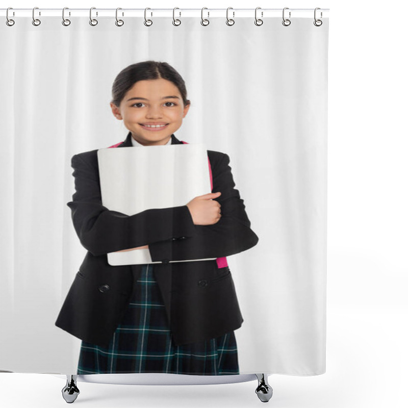 Personality  Joyful Schoolgirl Holding Laptop And Looking At Camera, Girl In School Uniform, Isolated On White Shower Curtains