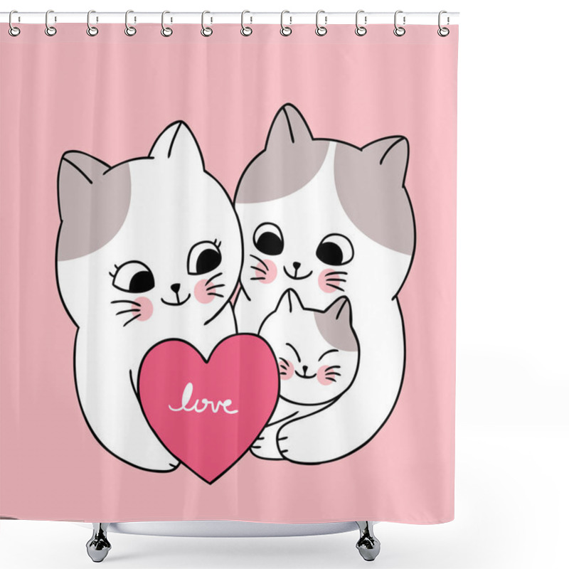 Personality  Cartoon Cute Valentines Day Family White Cats And Heart Vector. Shower Curtains