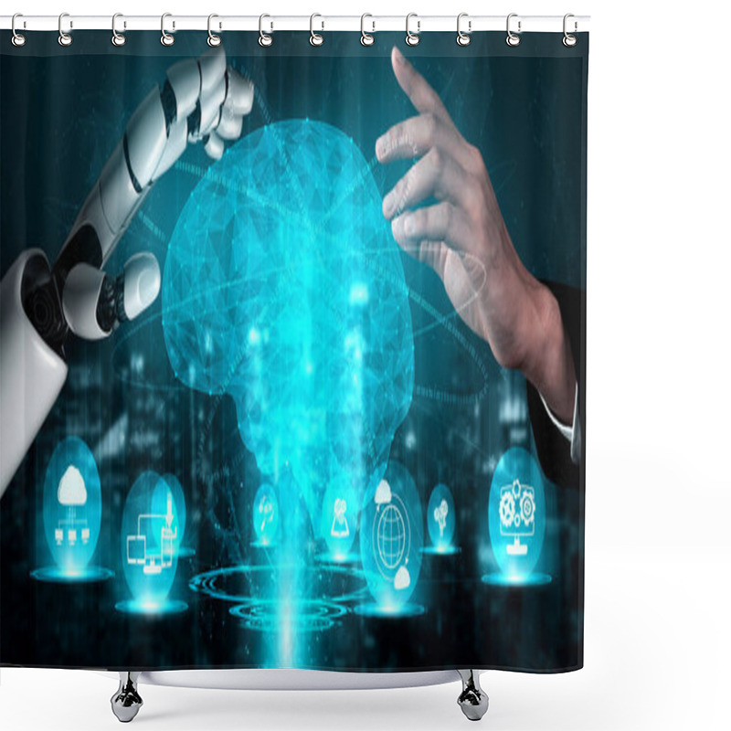 Personality  3D Rendering Artificial Intelligence AI Research Of Robot And Cyborg Development For Future Of People Living. Digital Data Mining And Machine Learning Technology Design For Computer Brain. Shower Curtains