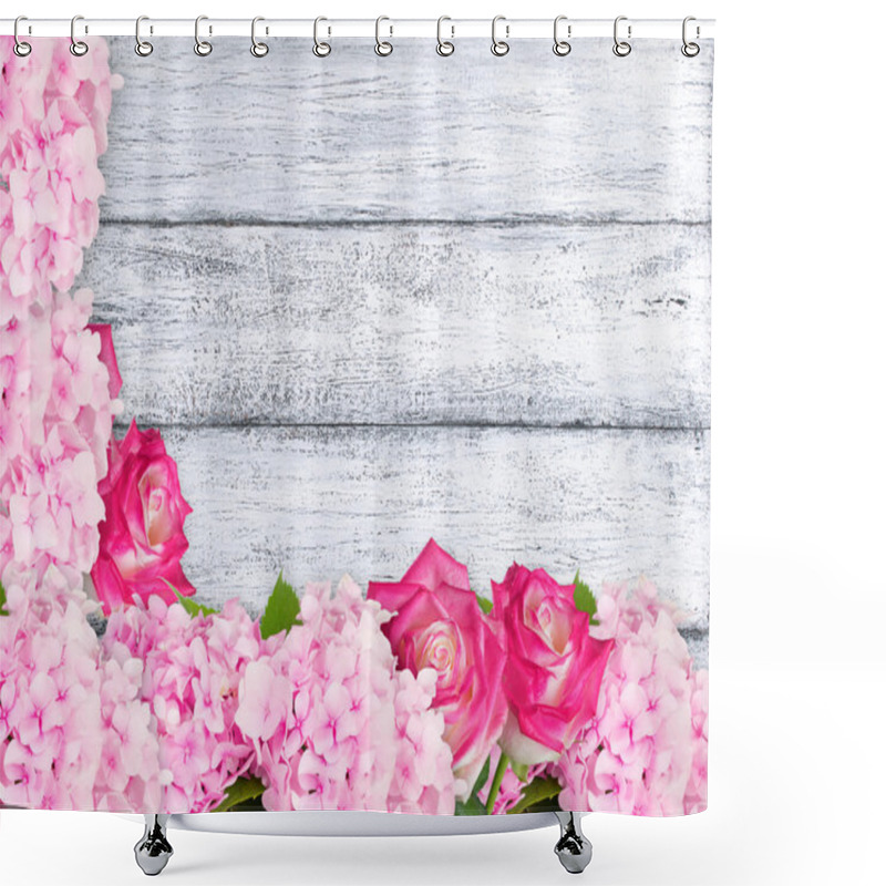 Personality  Roses And Hydrangeas On Shabby Wooden Planks Shower Curtains