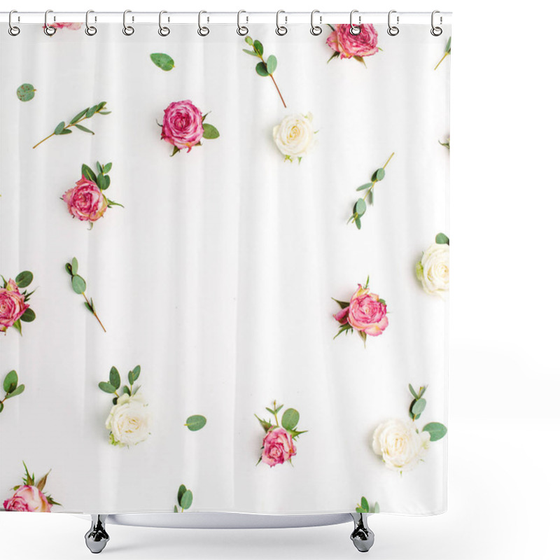 Personality  Floral Frame Made Of Red And White Rose Flowers And Eucalyptus Branches On White Background. Flat Lay, Top View Festive Mockup With Copy Space. Shower Curtains