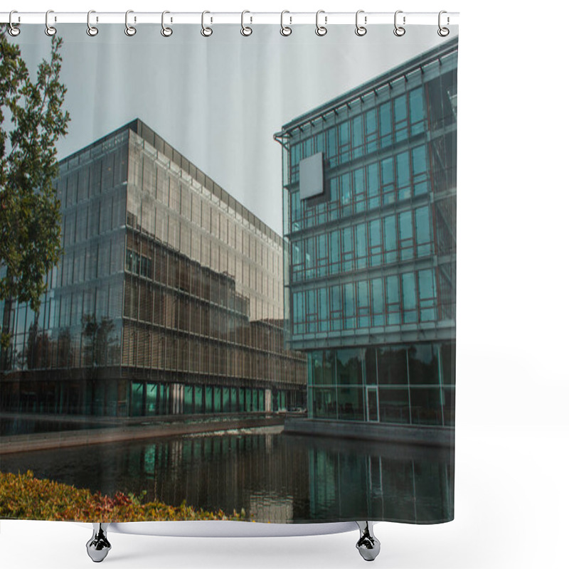 Personality  Glass Facades Of Buildings Near Canal And Blue Sky At Background, Copenhagen, Denmark  Shower Curtains