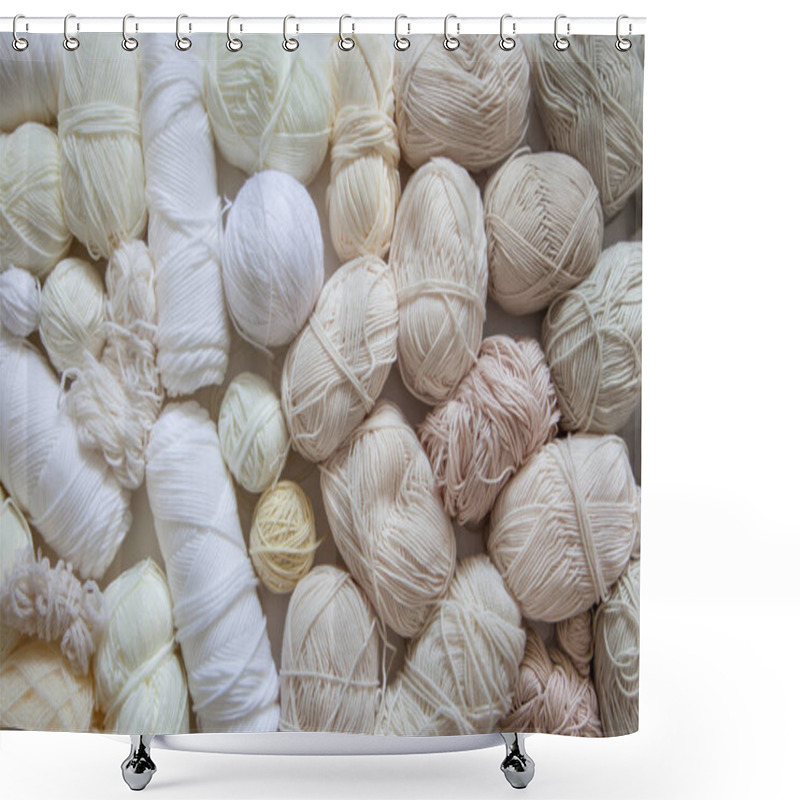 Personality  Many Skeins And Balls Of Yarn For Knitting In Natural And Neutral Colors And Shades. Colorless, Monochrome, Modern Style. Shower Curtains