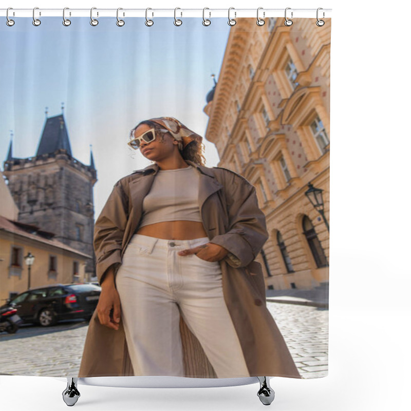 Personality  Low Angle View Of African American Woman Posing Near Old Town Hall Tower In Prague Shower Curtains