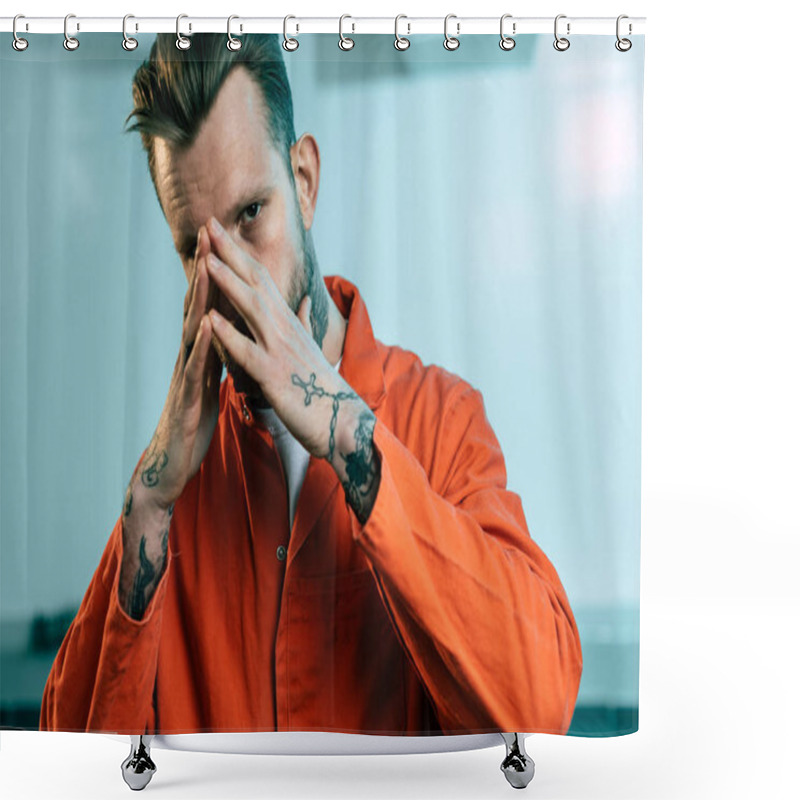 Personality  Prisoner With Tattoos Covering Face With Hands And Looking At Camera Shower Curtains