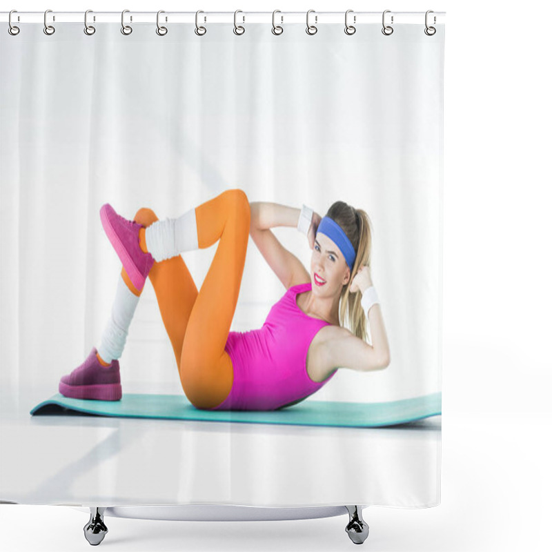 Personality  Athletic Young Woman Exercising On Yoga Mat And Smiling At Camera On Grey  Shower Curtains