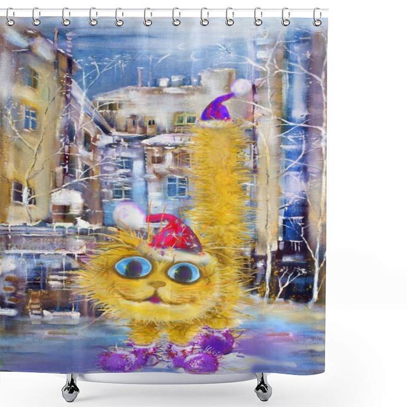 Personality  Yellow Christmas Cat At Winter Street Shower Curtains