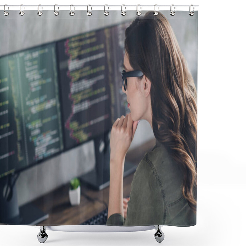 Personality  Profile Photo Of Creative Smart Pc Operator Girl Arm Touch Chin Debugging Improving Database Office Indoors. Shower Curtains