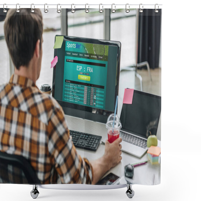 Personality  KYIV, UKRAINE - JULY 29, 2019:  Back View Of Young Programmer Holding Glass Of Juice While Sitting At Workplace Near Computer Monitor With Sportsbet Website On Screen Shower Curtains