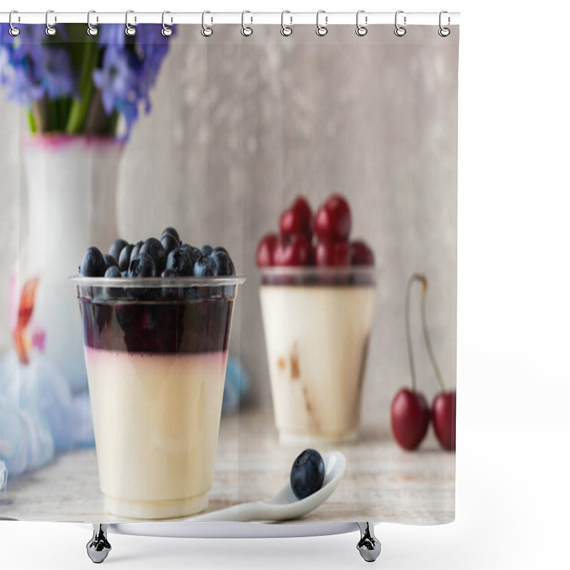 Personality  Italian Pana Cota With Berry Jam And Fresh Blueberries On A Light Background Shower Curtains