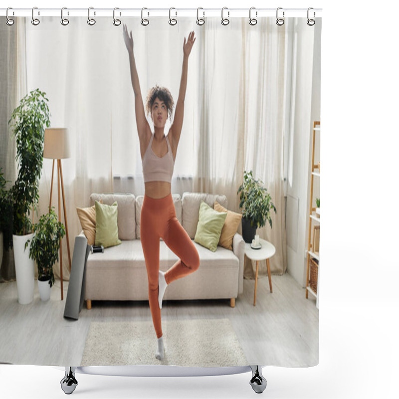 Personality  A Young Woman Enjoys A Moment Of Yoga And Self Care In Her Cozy Home. Shower Curtains