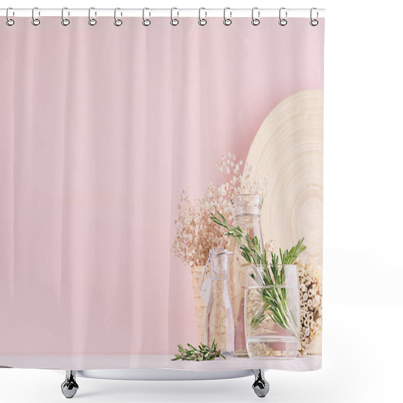 Personality  Gentle Spring Vanilla Background Of Fresh Bouquet Rosemary And Natural Beige Bamboo Home Decoration In Glass On White Table And Pink Wall. Shower Curtains