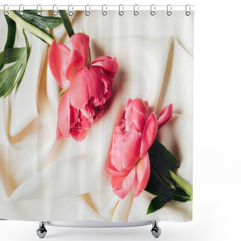 Personality  Top View Of Pink Beautiful Peonies On White Cloth Shower Curtains