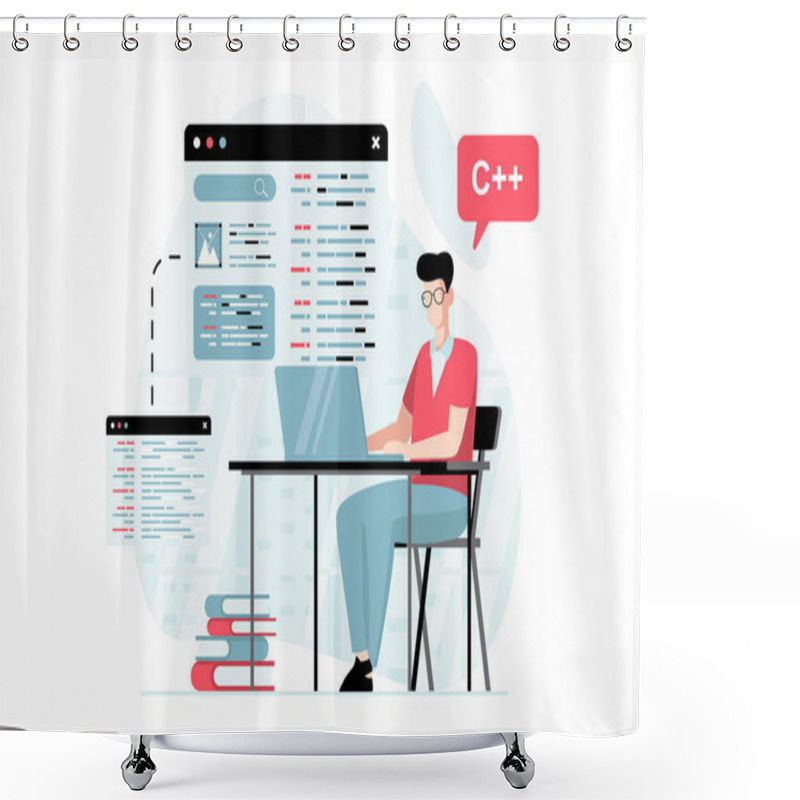 Personality  Software Development Concept With People Scene In Flat Design. Man Programming And Creating Code, Fills In Layout Of Site And Corrects Errors. Vector Illustration With Character Situation For Web Shower Curtains