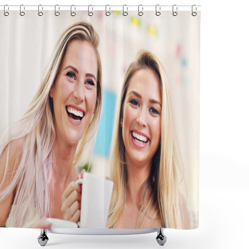 Personality  Two Girl Friends Chatting And Drinking Coffee At Home Shower Curtains