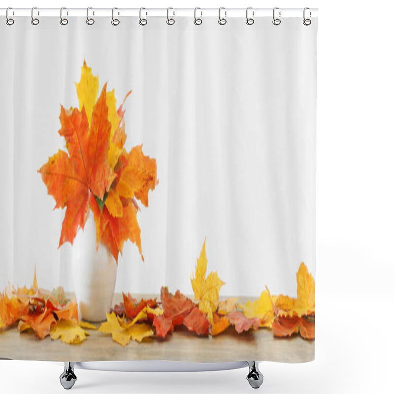 Personality  Autumnal Leaves In White Vase On White Background Shower Curtains