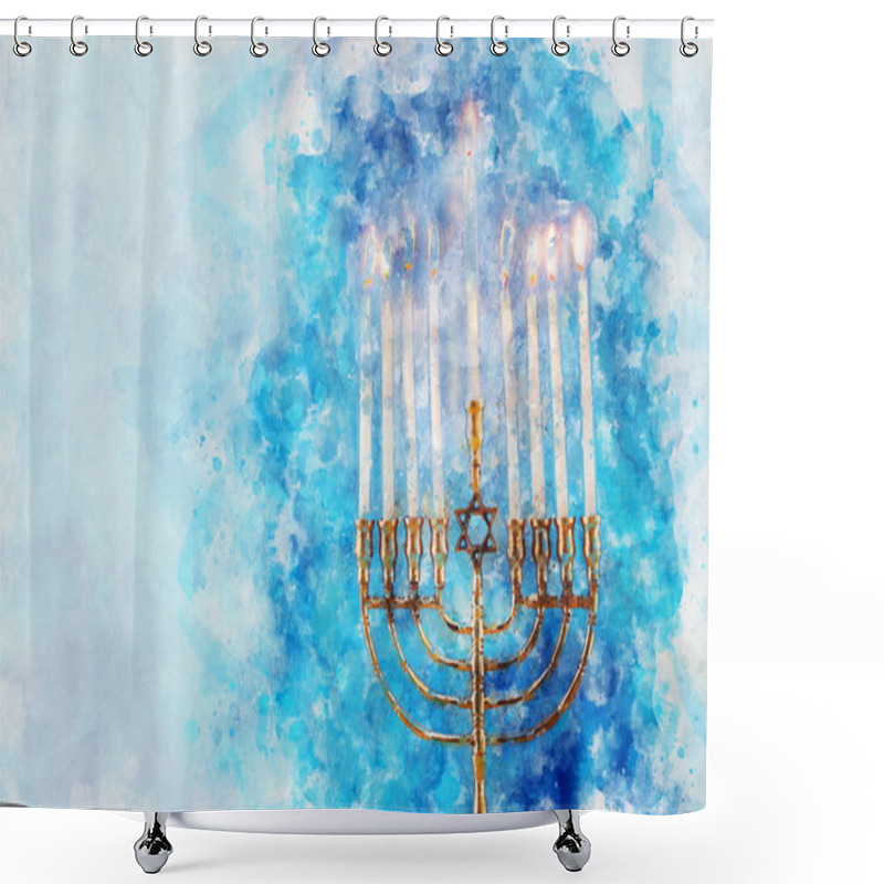 Personality  Watercolor Style And Abstract Image Of Jewish Holiday Hanukkah With Menorah (traditional Candelabra) Shower Curtains