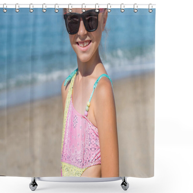 Personality  Girl In A Pink Bathing Suit On The Sea During The Holidays. Large Portrait. Shower Curtains