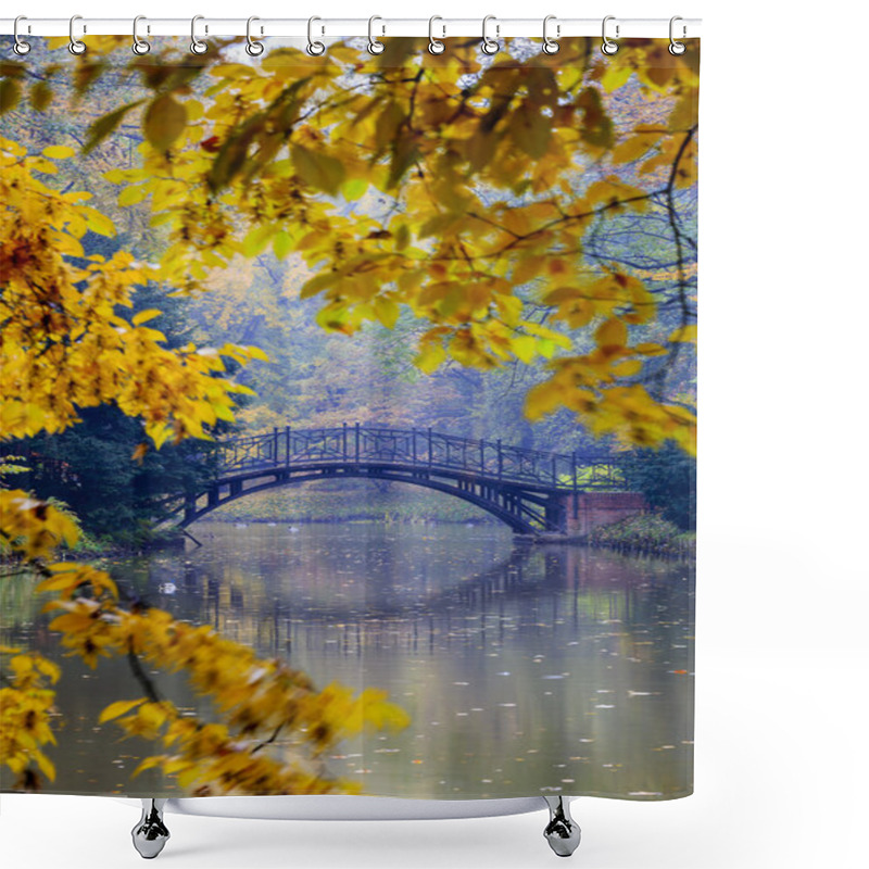 Personality  Autumn - Old Bridge In Autumn Misty Park Shower Curtains