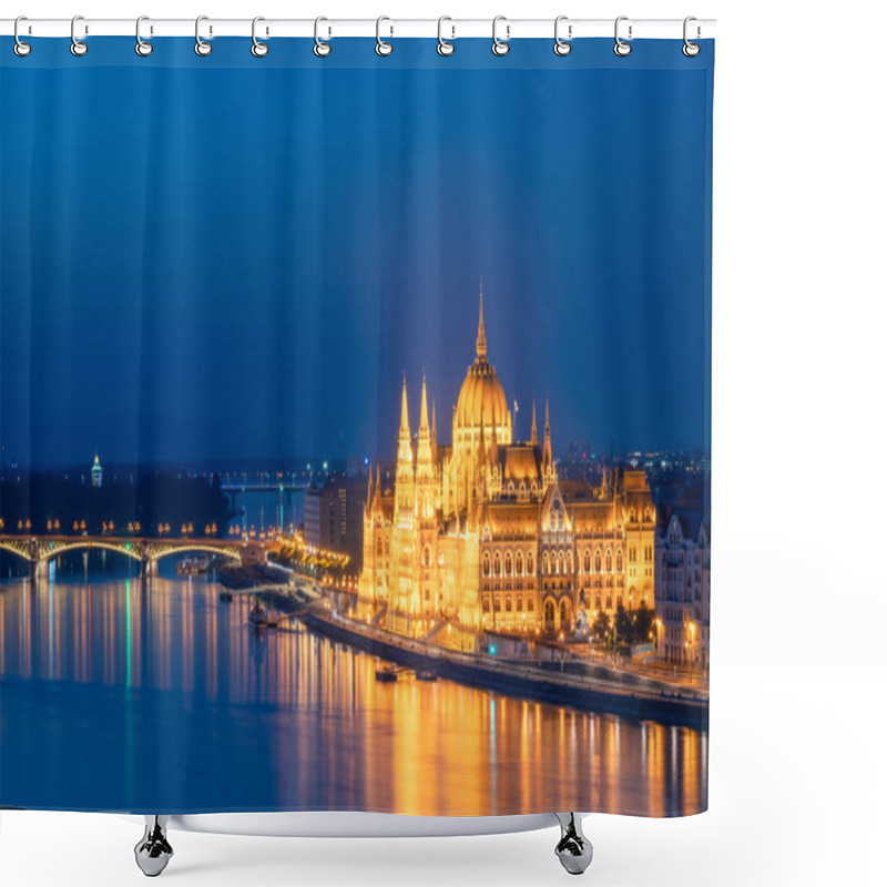 Personality  Side View Of The Hungarian Parliament Building Illuminated In Budapest, During Blue Hour, Horizontal Shower Curtains