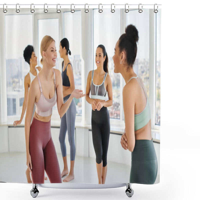 Personality  Group Of Joyful Multicultural Women Standing In Sportwear And Chatting Before Pilates Class Shower Curtains