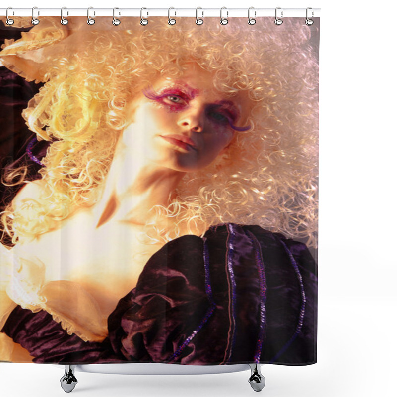 Personality  Doll With Curly Blond Hair And Extravagant Make-up Shower Curtains