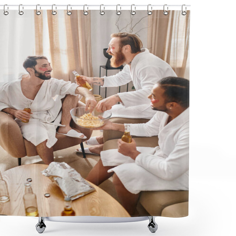 Personality  Diverse Men In Bathrobes Relaxing In A Living Room, Engaging In Lively Conversations And Enjoying Each Others Company. Shower Curtains