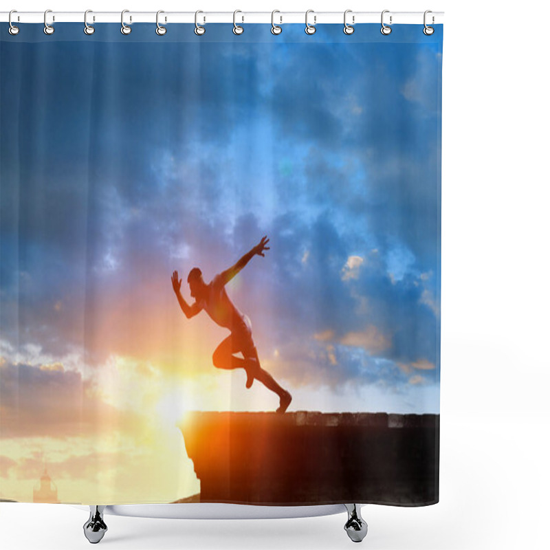 Personality  Jumping Over Precipice, Challenge Concept. Shower Curtains