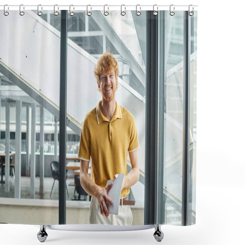 Personality  Young Red Haired Man In Smart Casual Attire With Documents Smiling Looking At Camera, Coworking Shower Curtains