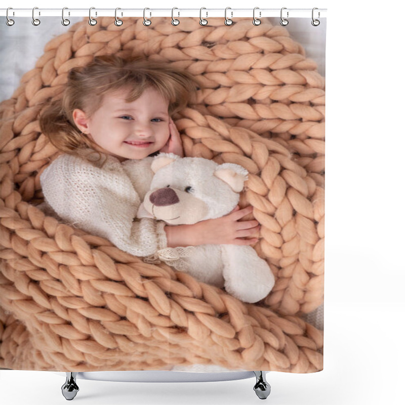 Personality  Baby Girl Under A Blanket Made Of Natural Sheep Wool. Merino Plain Knit Covers A Little Girl. The Baby Is Holding A Teddy Bear. The Sleeping Baby Folded His Arms Under His Head Shower Curtains